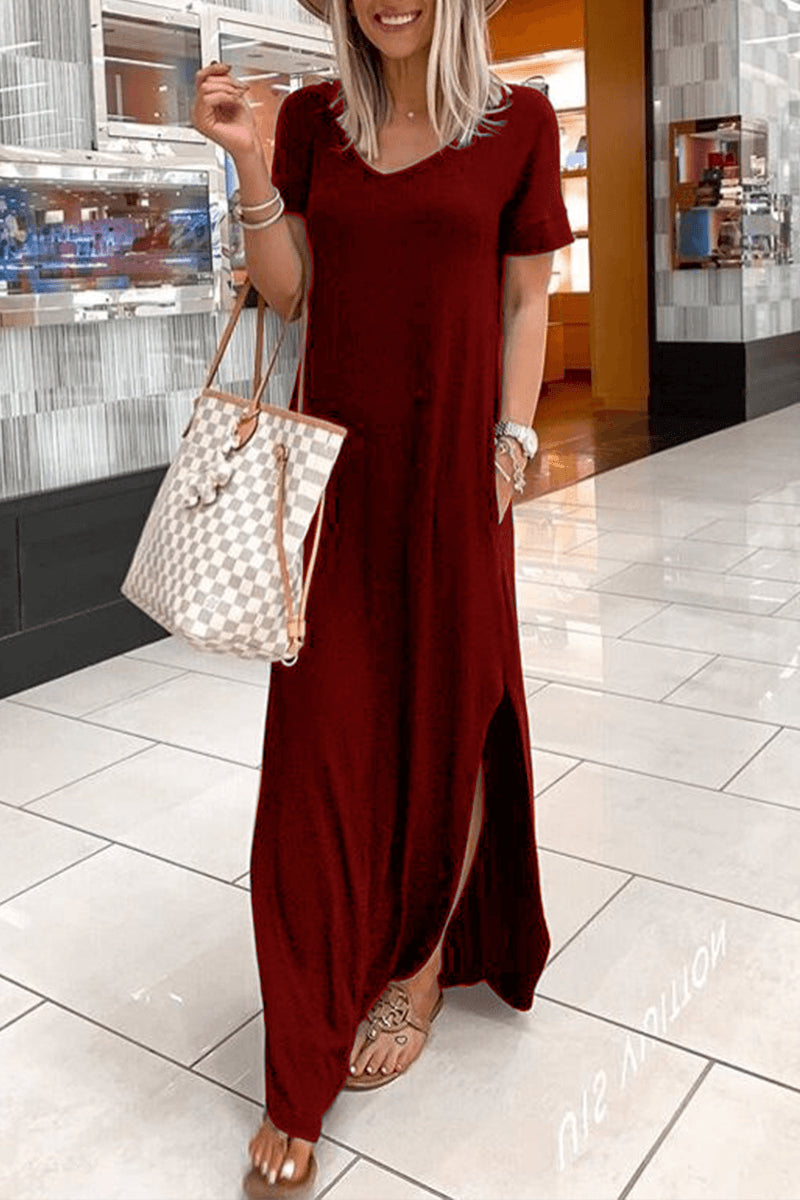 V Neck Short Sleeve Slit Maxi Dress