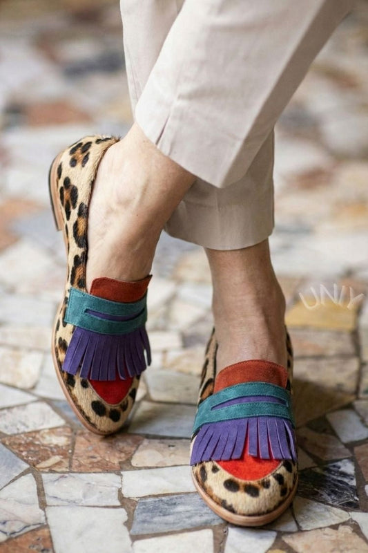 Retro Leopard Print Patchwork Fringe Penny Loafers [Pre Order]