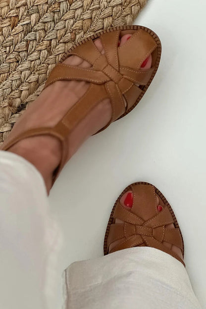 Hollow Out Woven T-Strap Buckle Brown Chunky Heels [Pre Order]