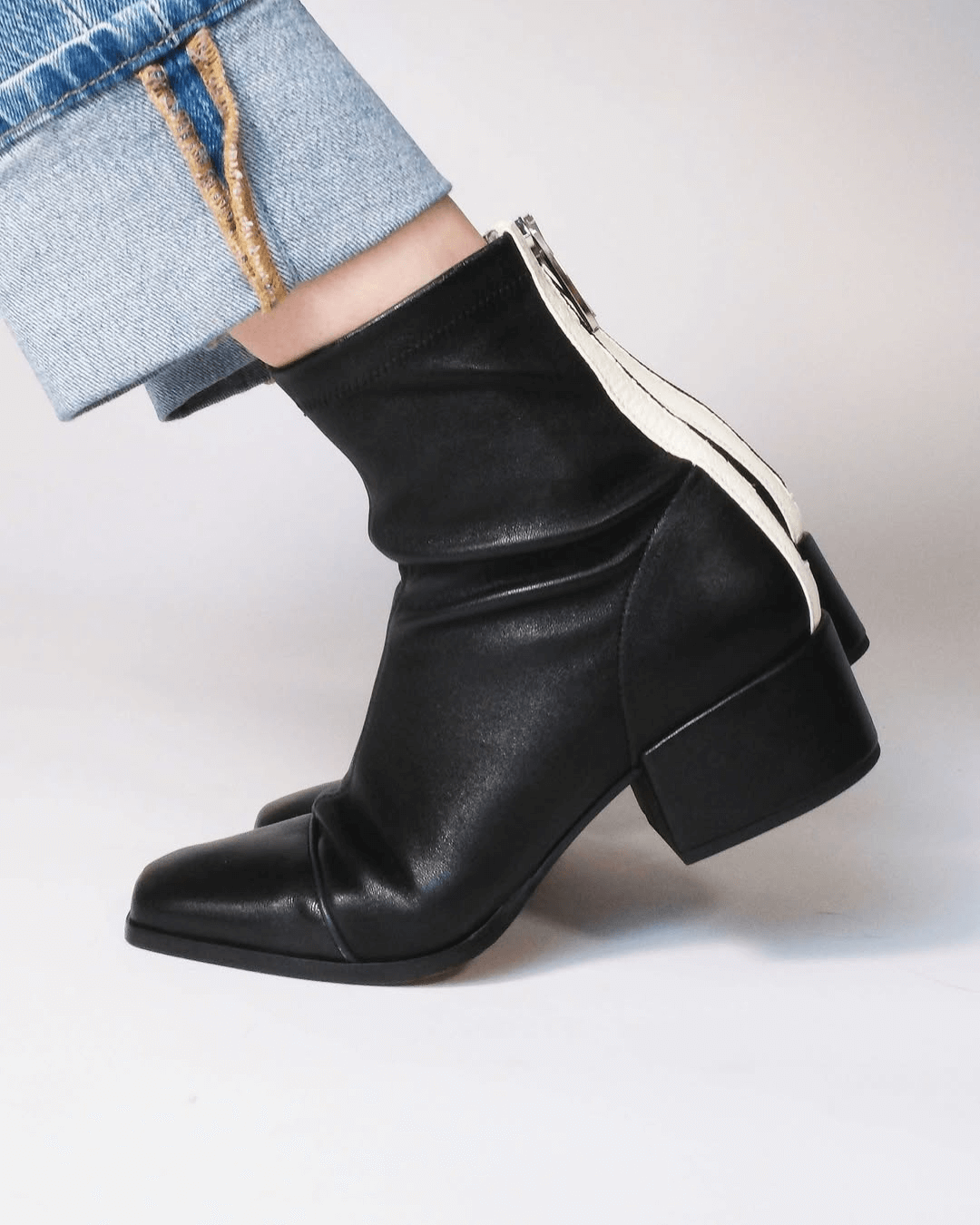 Colorblock Zipper Square Toe Low Block Heel Black Ankle Boots