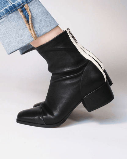 Colorblock Zipper Square Toe Low Block Heel Black Ankle Boots