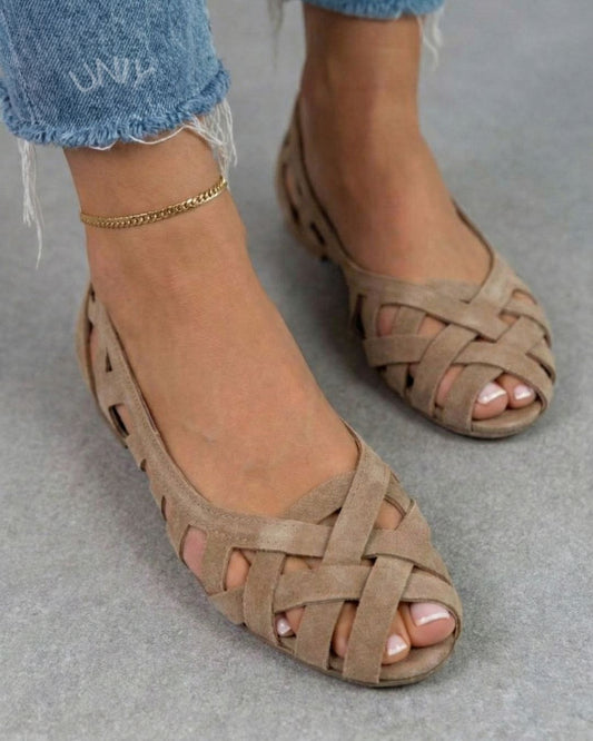 Beige Faux Suede Woven Cutout Peep Toe Flat Sandals