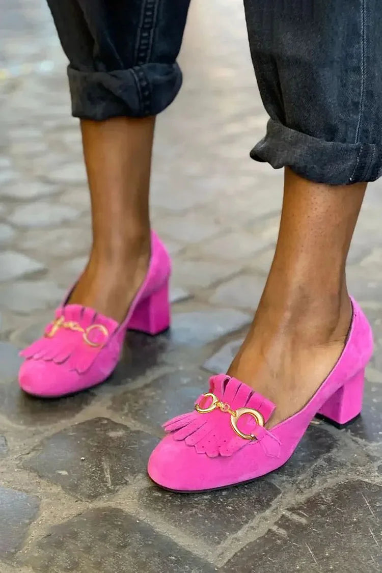 Fringed Metal Hardware Round Toe Block Heel Loafers