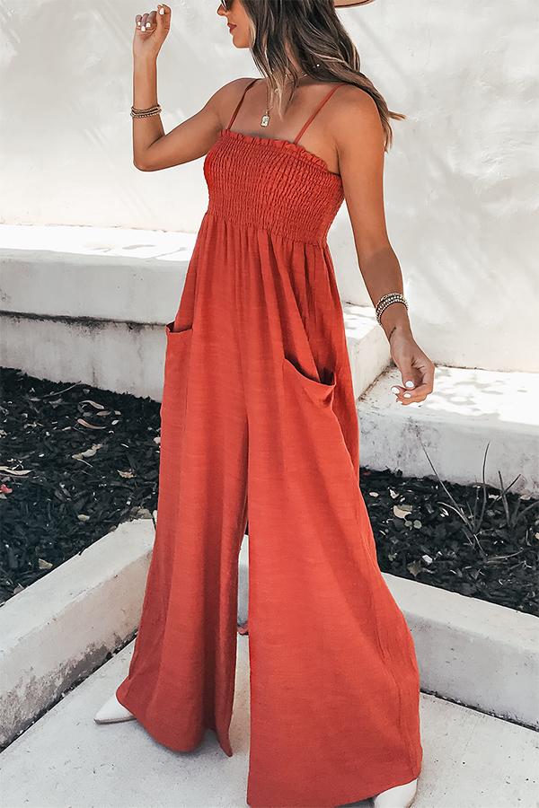 Smocked Ruffle Strap Casual Gauze Jumpsuit