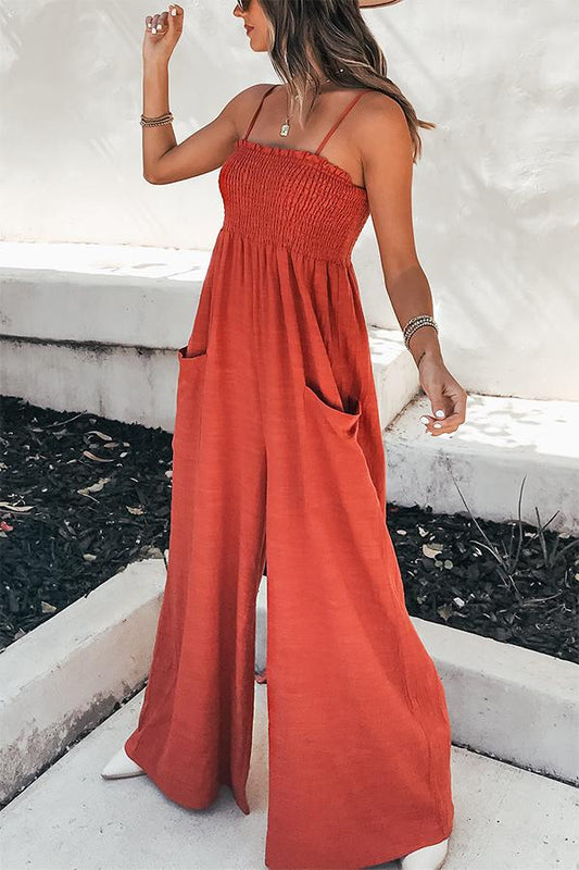Smocked Ruffle Strap Casual Gauze Jumpsuit