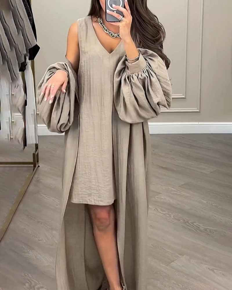 Textured Sleeveless V-Neck Mini Dress Lantern Sleeve Long Cardigan Two-Piece Set