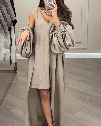 Textured Sleeveless V-Neck Mini Dress Lantern Sleeve Long Cardigan Two-Piece Set