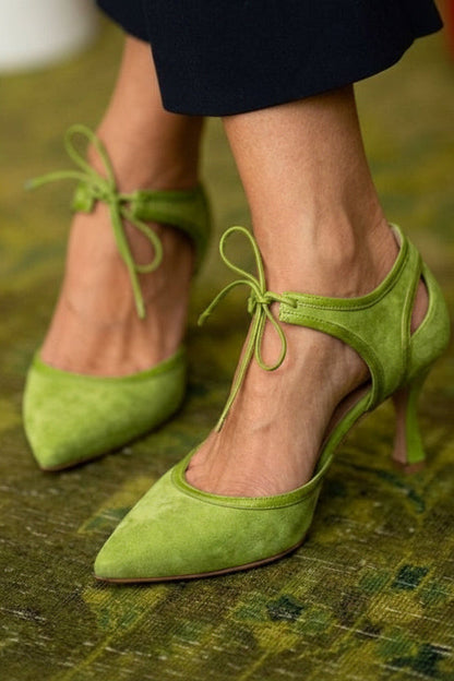 Faux Suede Two-Tone Pointed Toe Bow Tie Kitten Heels