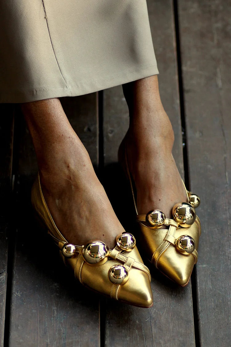 Metallic Sheen Round Rivets Decor Pointed Toe Gold Flats [Pre Order]