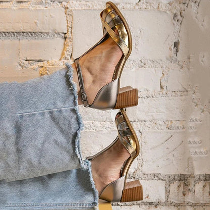 Comfortable Metallic Criss Cross T-strap Buckle Peep Toe Gold Chunky Heels