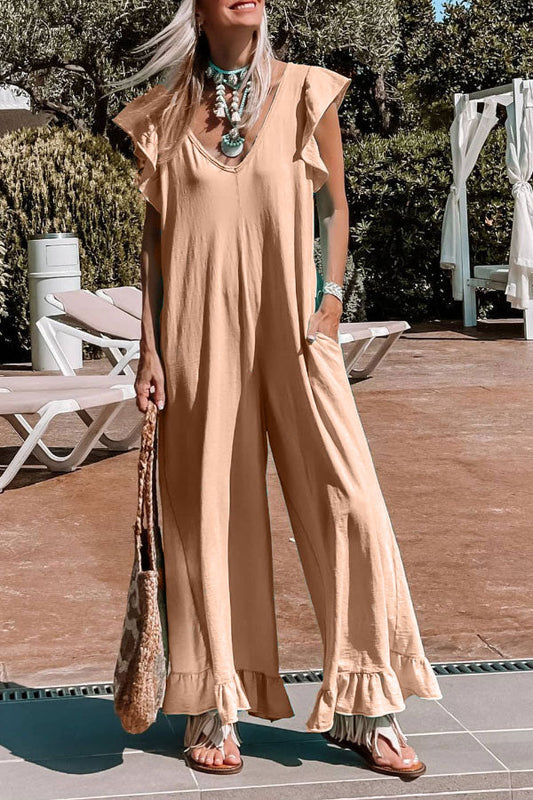 V-Neck Ruffled Sleeve Wide Leg Jumpsuit