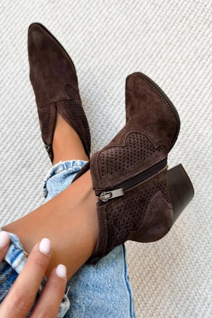 Hollow Out Patchwork Zipper Pointed Toe Heel Boots [Pre Order]