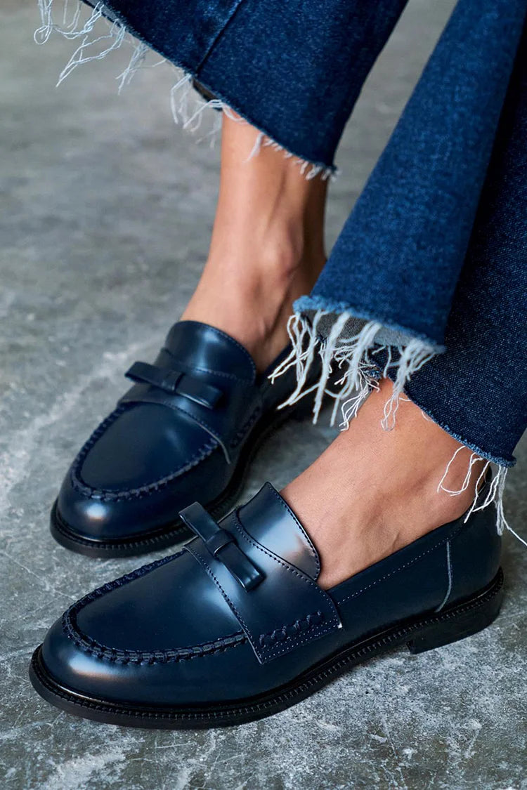 Bow Decor Patchwork Solid Color Round Toe Navy Loafers