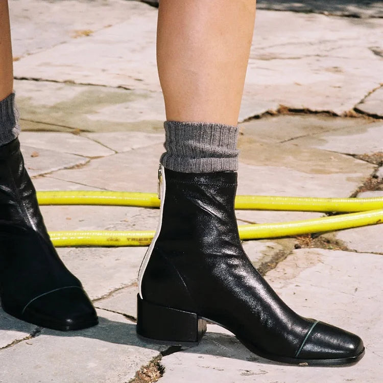 Colorblock Zipper Square Toe Low Block Heel Black Ankle Boots