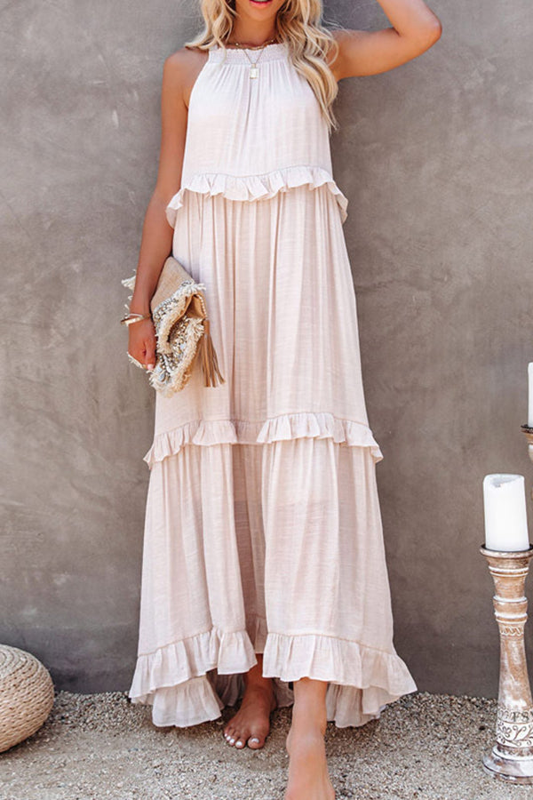 Sleeveless Smocked Halter Neck Irregular Tiered Ruffle Maxi Dress