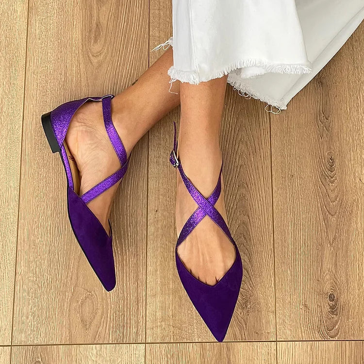 Pointed Toe Glitter Cross Strap Flats