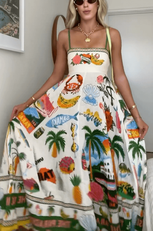 Smocked Tropical Print Maxi Dress