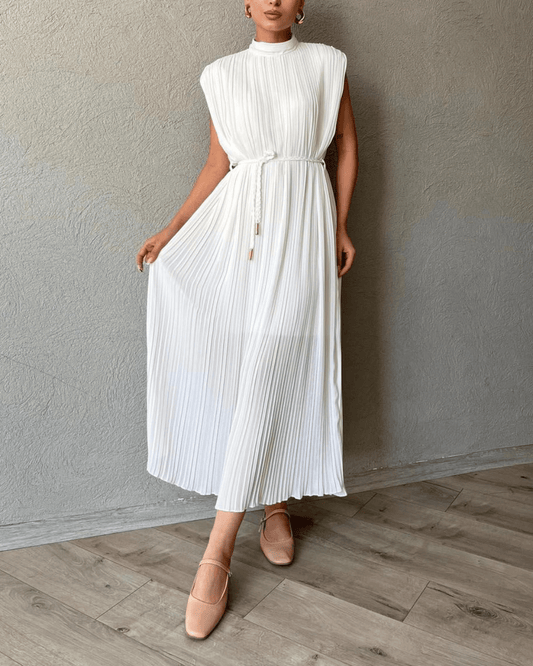Pleated High Neck Midi Dress Belted Sleeveless