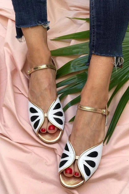 Contrast Binding Drop Shape Toe Strap Peep Ankle Flat Sandals