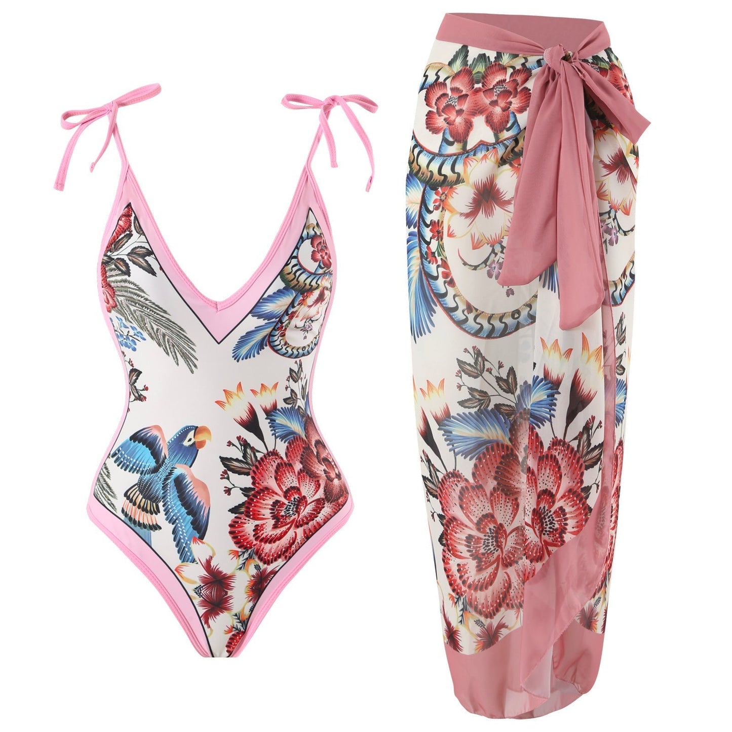 Traje de baño de una pieza con estampado floral tropical y conjunto de pareo