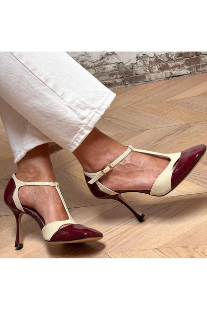 Two Tone T-Strap Cut Out Buckle Stiletto Heels [Pre Order]