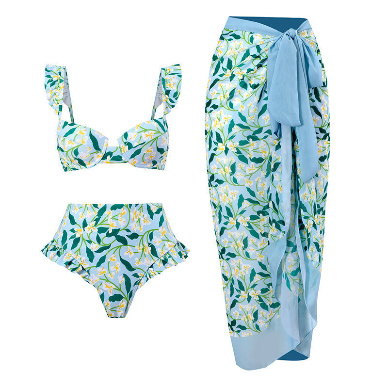 Ruffle Trim Underwire Bikini High Waisted Bottom Wrap Skirt Set
