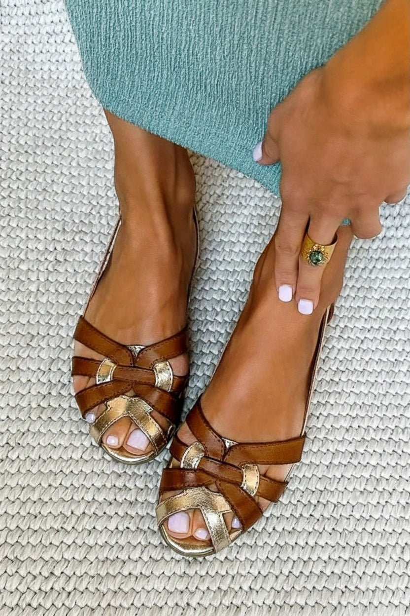 Brown Metallic Contrast Woven Strappy Flat Summer Sandals [Pre Order]