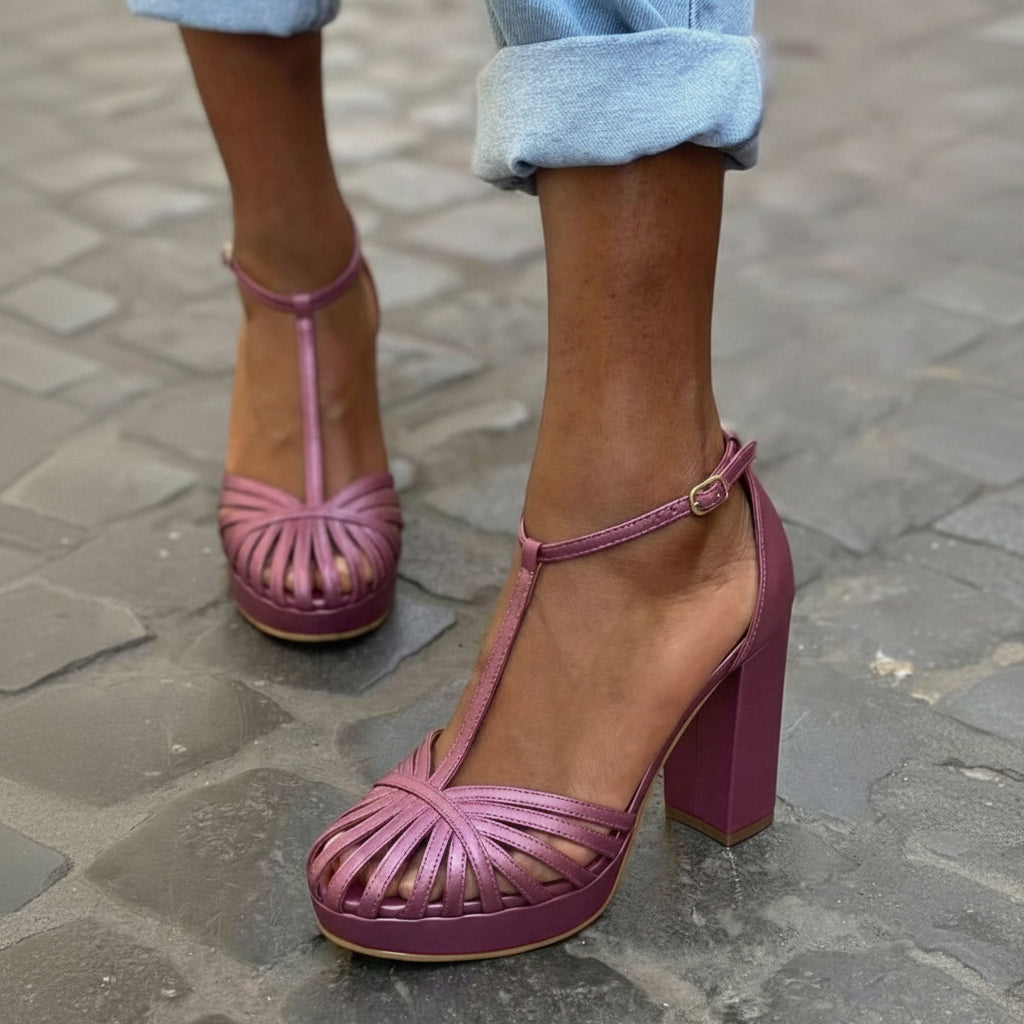 Purple Round Toe T-Strap Platform Chunky Block Heel Sandals