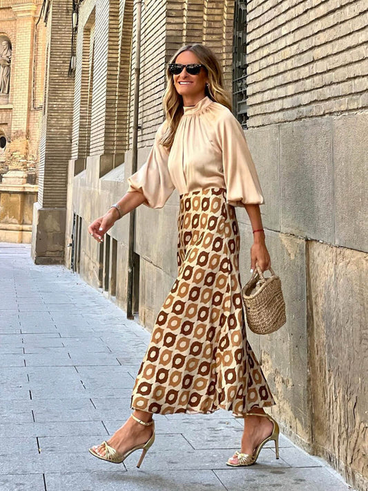 Geometric Print High Waist Long Skirt