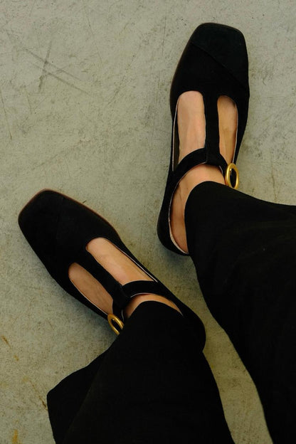 Suede Square Toe T-Strap Buckle Flats [Pre Order]