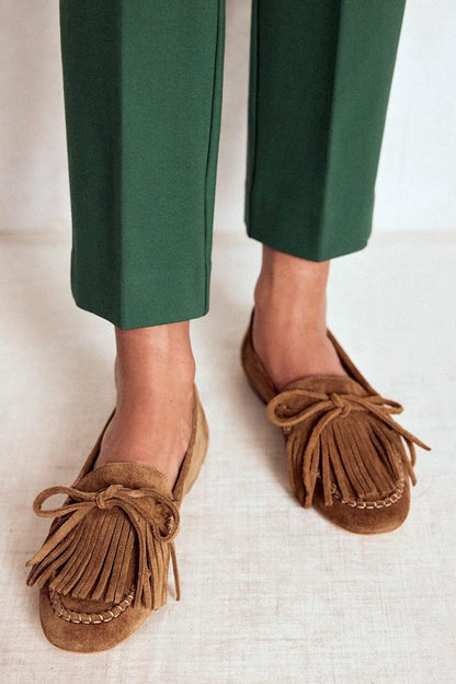 Tie Up Fringe Decor Solid Color Round Toe Camel Loafers [Pre Order]
