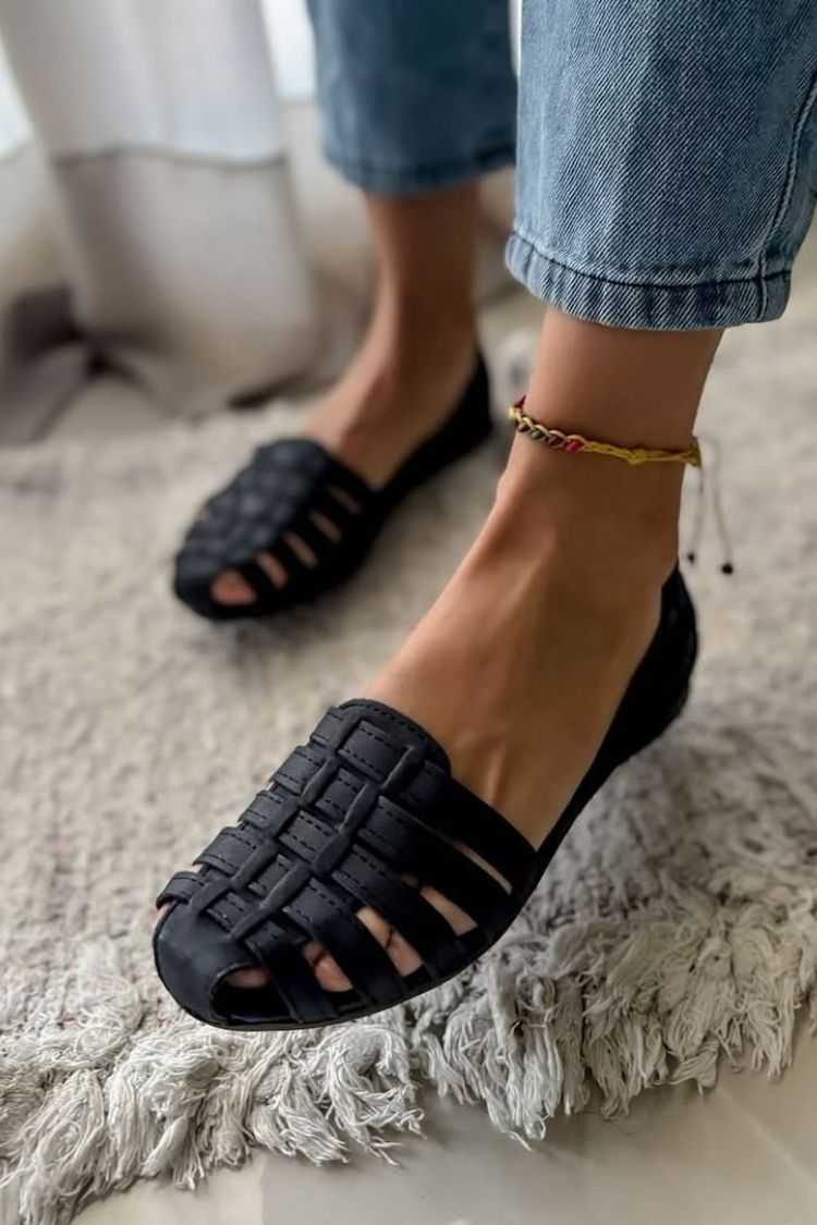 Faux Leather Woven Cutout Peep Toe Flats [Pre Order]