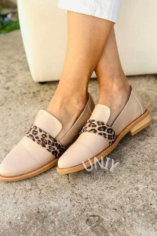 Beige Leather Leopard Print Slip-On Loafers [Pre Order]