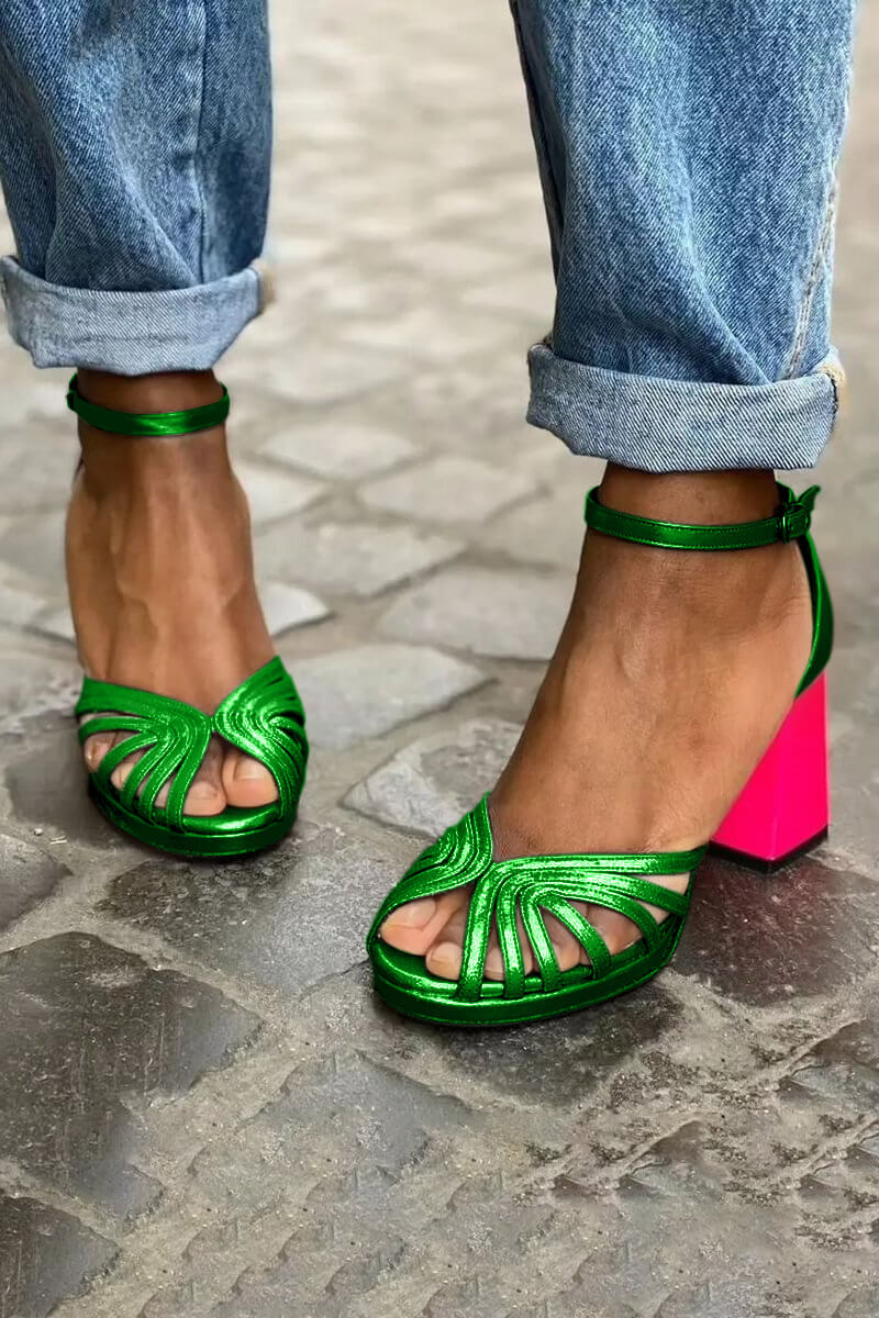 Dressy Sparkly Buckle Ankle Strap Peep Toe Platform Chunky Heels