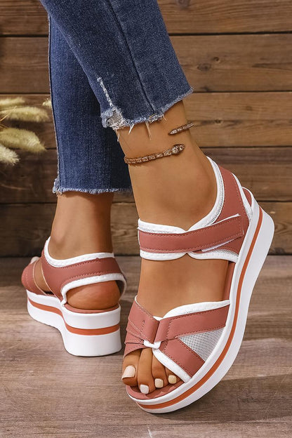 Kontrastbesatz Patchwork Klettverschluss Runde Zehenpartie Plateau-Sandalen