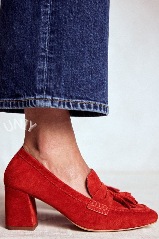 Red Suede Tassel Block Heels [Pre Order]
