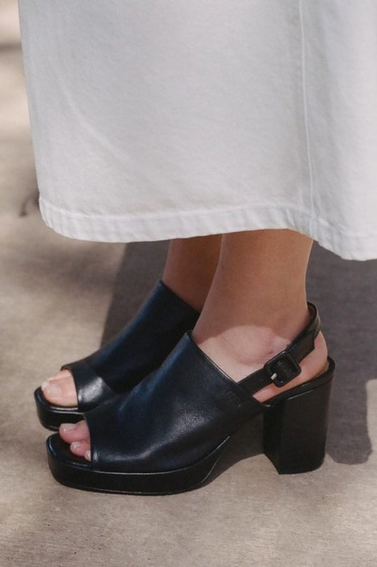 Black Leather Peep-Toe Block Heels [Pre Order]