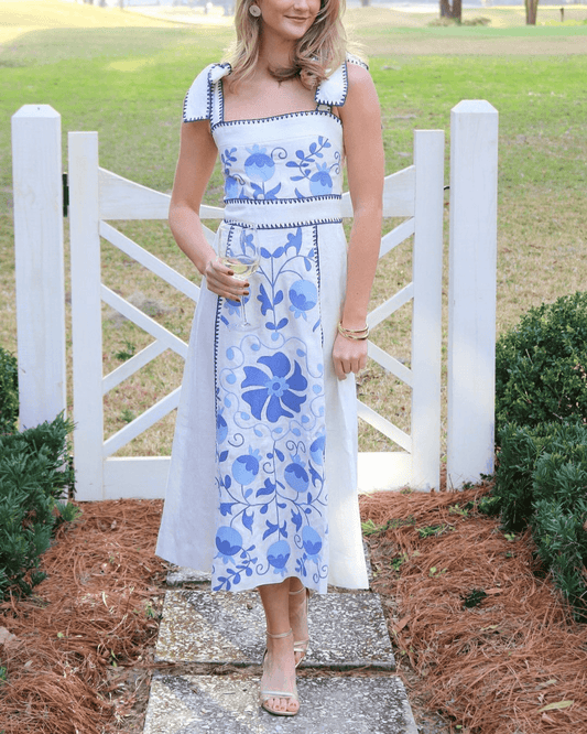 Embroidered Square Neck Tie Strap Midi Dress