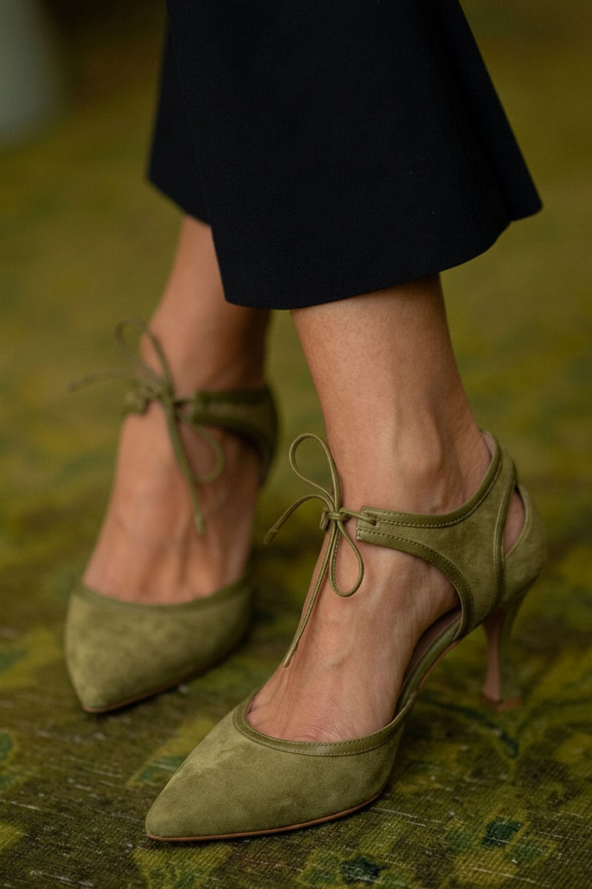 Faux Suede Two-Tone Pointed Toe Bow Tie Kitten Heels