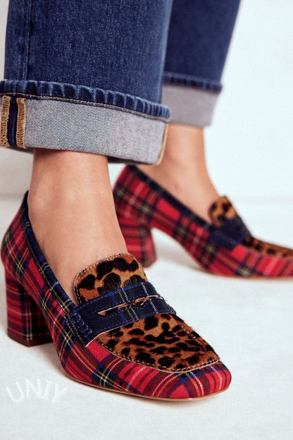 Plaid Leopard Print Block Heel Loafers [Pre Order]