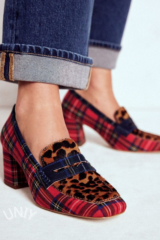 Red Plaid Leopard Print Block Heels [Pre Order]