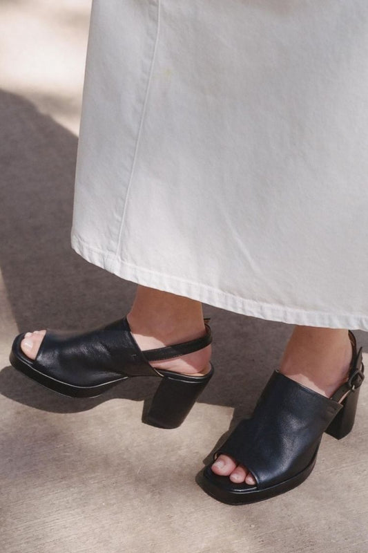 Black Leather Peep-Toe Block Heels [Pre Order]
