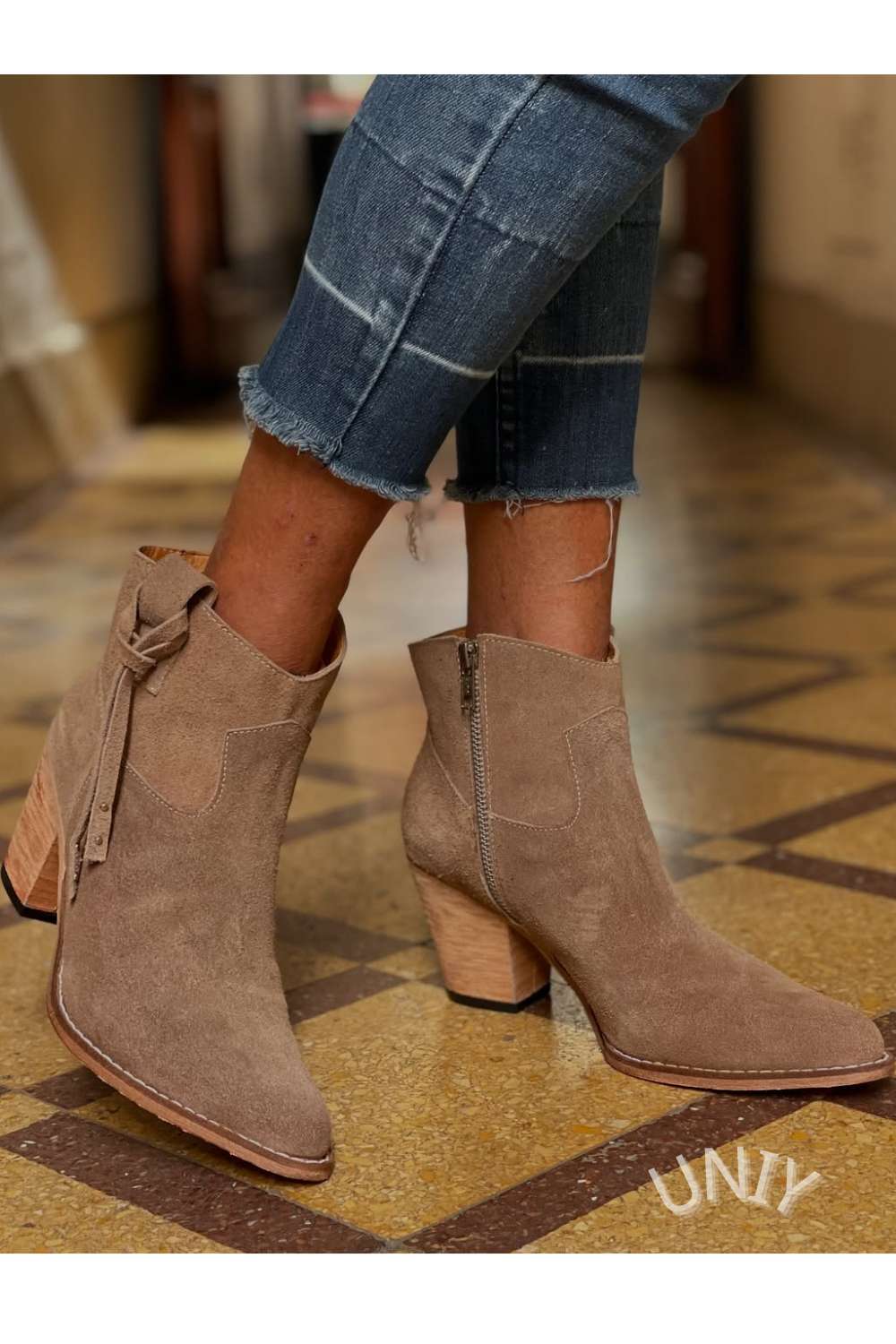 Suede Zip Detail Block Heel Boots [Pre Order]