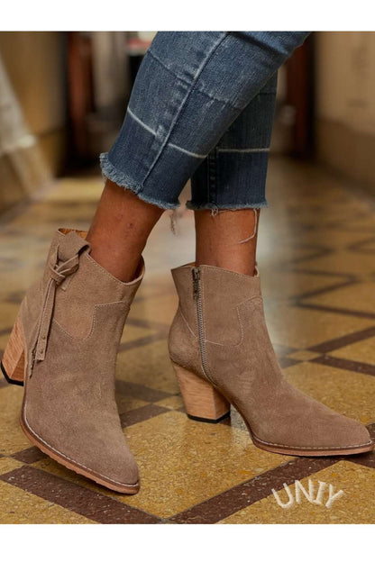 Suede Zip Detail Block Heel Boots [Pre Order]