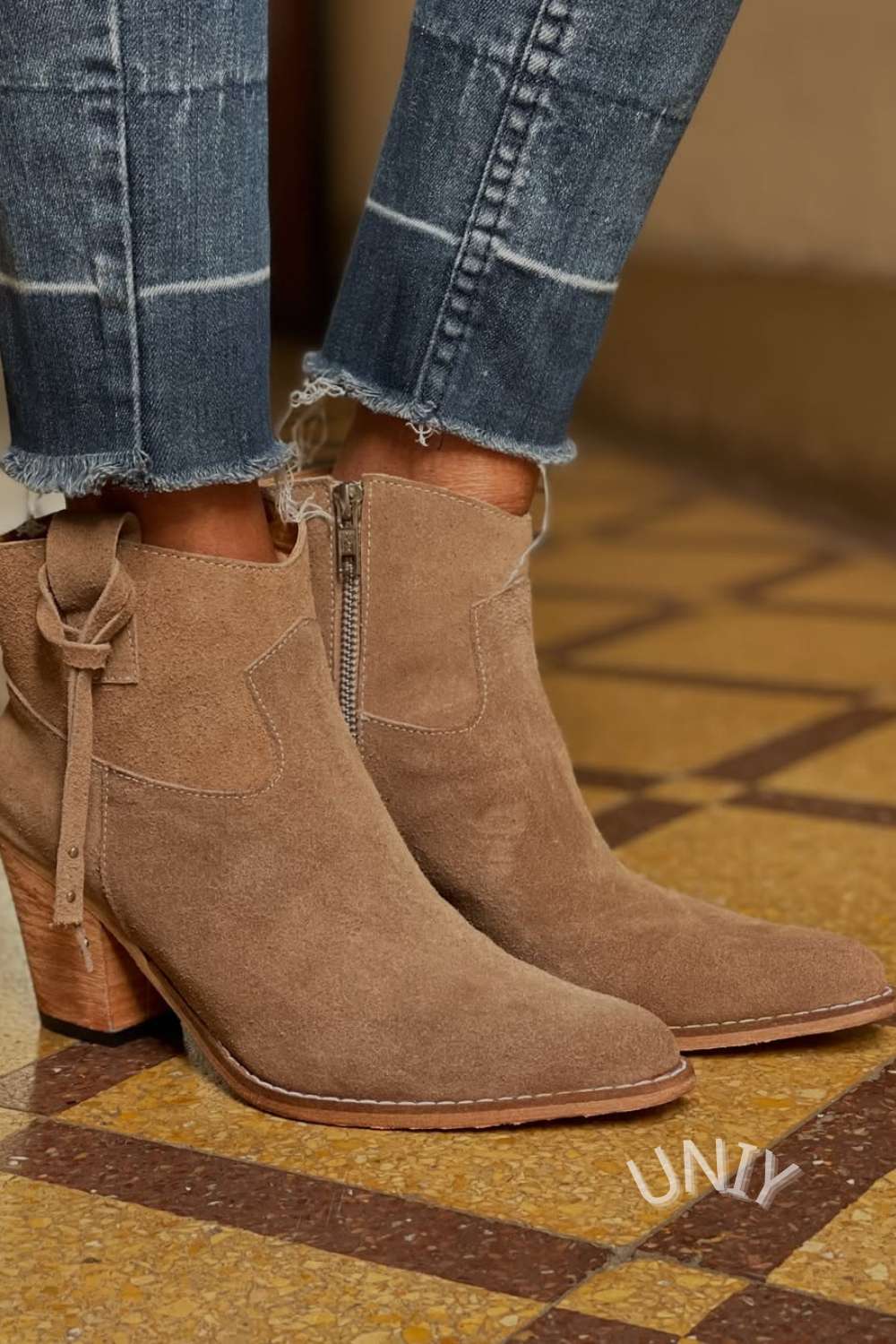 Suede Zip Detail Block Heel Boots [Pre Order]