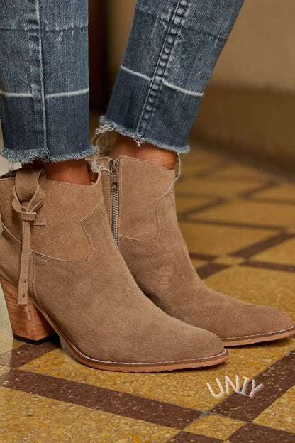 Suede Zip Detail Block Heel Boots [Pre Order]