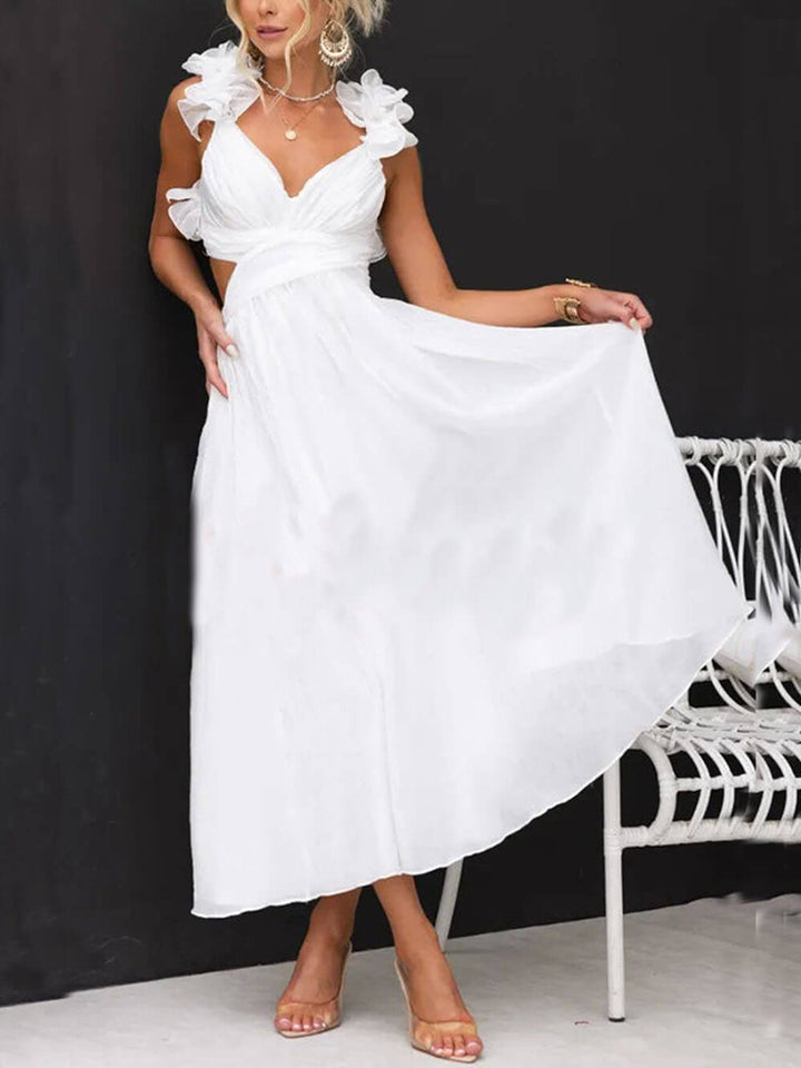 Vestido maxi con volantes en los hombros, escote en V y cintura elástica con estampado floral