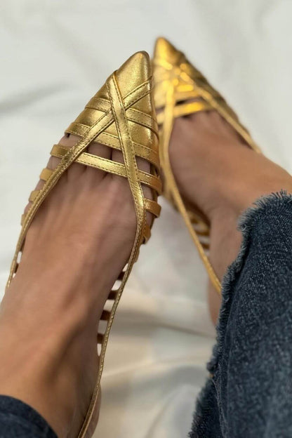 Criss-Cross Strappy Pointed Toe Cutout Slip-On Flats [Pre Order]