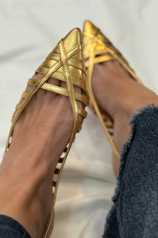 Criss-Cross Strappy Pointed Toe Cutout Slip-On Flats [Pre Order]