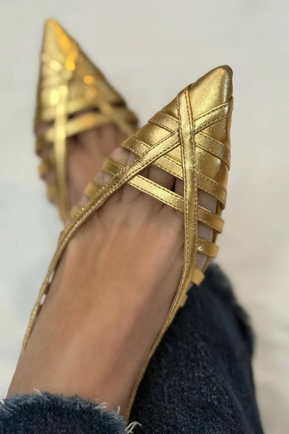 Criss-Cross Strappy Pointed Toe Cutout Slip-On Flats [Pre Order]